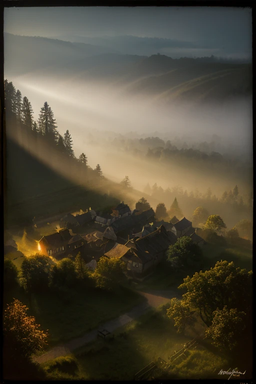 realistic dark oil painting of a medieval village at sunrise, Mossy, haze, It was foggy, Shadow, hazeerious, Mythical, dark, Rays of light shine through the forest, Surroundings, Depth of written boundary, Volumetric lighting, Cinema Lighting, Sulky, heavy darkness, Black Sky, Low angle view, By Eyvind Earl
