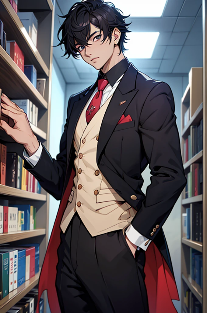 there is a man with a tie standing in front of a bookshelf, como personaje de anime, viste traje, de pie en clase, hombre guapo animado, guapo Jungkook, pecho esponjoso, delicate androgynous prince, Chico anime alto con ojos azules., as a titan, manha,cabello negro