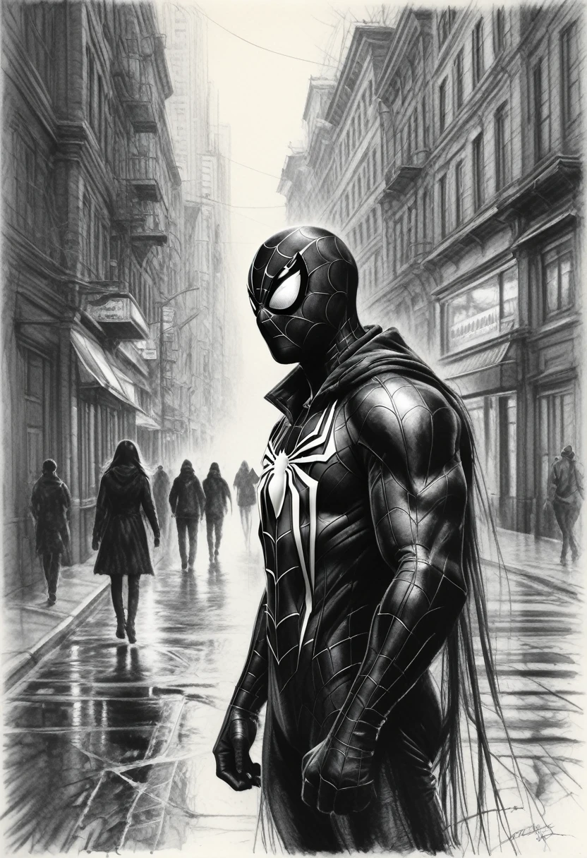 Charcoal drawing, crayons, black pencil drawing, pencil drawing, black and white drawing, graphite drawing, Venom Spider-Man on the street looking at people from the building, Style by Tanya Shatseva, Gabriele Dell'otto, Andrew Atroshenko, Ross Tran, Anna Razumovskaya, AI Midjourney,