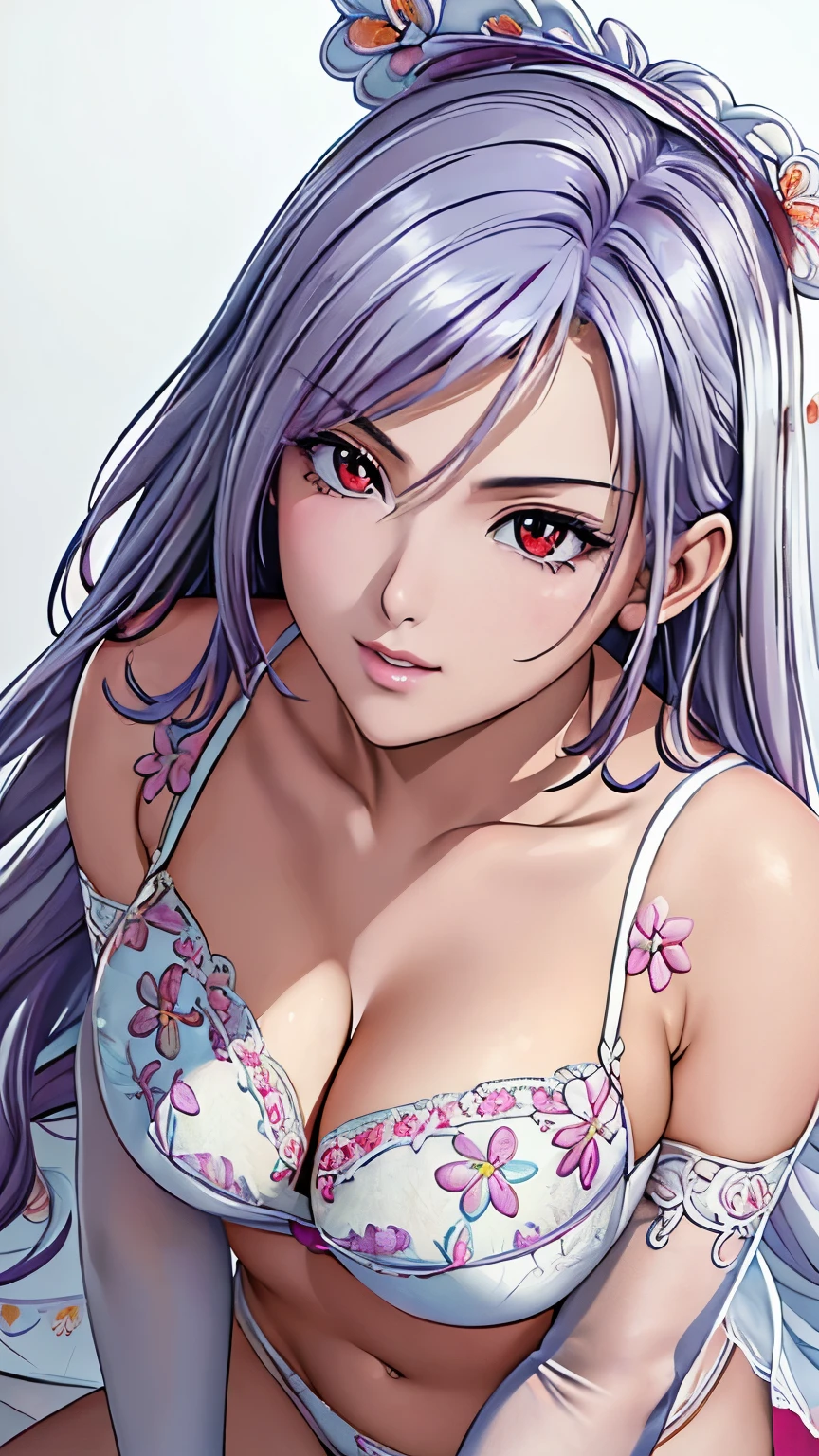 red eyes with slit pupils, (highest quality, masterpiece painting:1.3), immature woman, , (half body shot), masterpiece, ultra high resolution, (Photoreal:1.0), ((light purple hair)),straight hair, beautiful shining hair, white and shining skin, ((Ultra realistic details)), octane rendering, highly detailed face, (big breasts:0.8), (make a heart with hands), （(White bra,White pantieeautiful detail shorts with colorful floral embroidery and luxurious embroidery +:1.5)),Salute,(Flower motif lingerie),(Gorgeous:1.2),(Lace,Detailed:1.3),(See-through:1.6), open neckline, cleavage, perfect body, soft skin, White cherry blossom embroidery pattern, silver earrings, (pure white background:1.4), sharp focus, intricate details, professional artwork, (bright colors:1.1), bright colors, diffused lighting, digital blending, ultra-definition body, ultra detail hair, super detailed face, trending on pixiv, top button open, Cute gaze, compensate, perfect lips, perfect compensate, Ultra-precision coating, (light_smile:0.8), 
