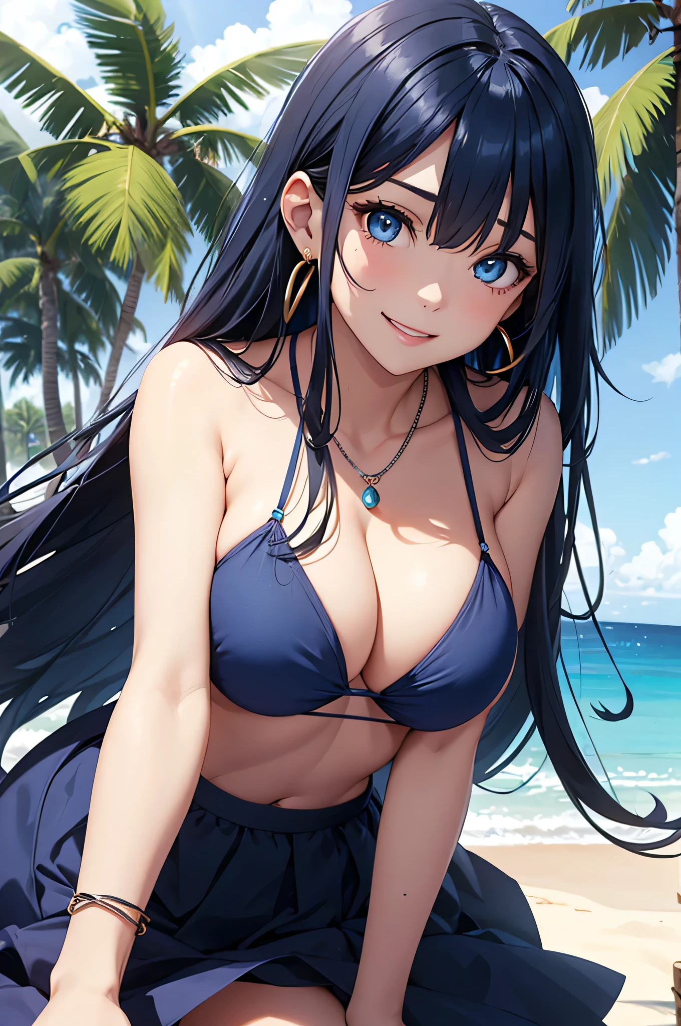 beautiful girl,Long dark blue hair ,blue eyes,Navy Blue Bikini、Big cleavage、(Big Breasts)、smile、blue necklace、Blue Earrings、background(Beach)、Sexy pose、Please open your mouth wide、Navy Blue Skirt