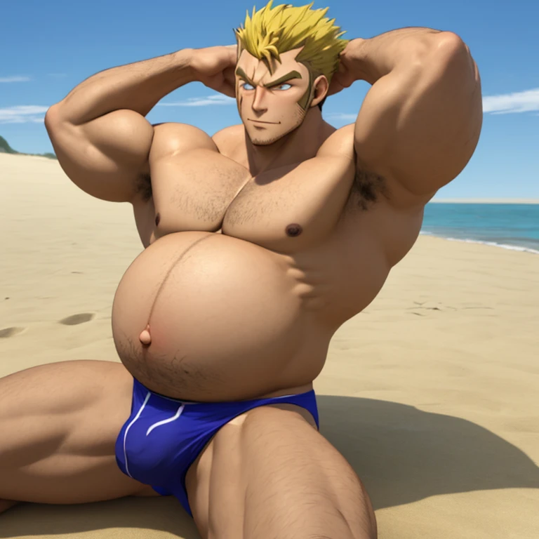 masterpiece, 3d, Laxus Dreyar, muscled, chilling at the beach, no shirt, big pregnant, belly, hands on back of head, only wearing a yellow lighting underwear
