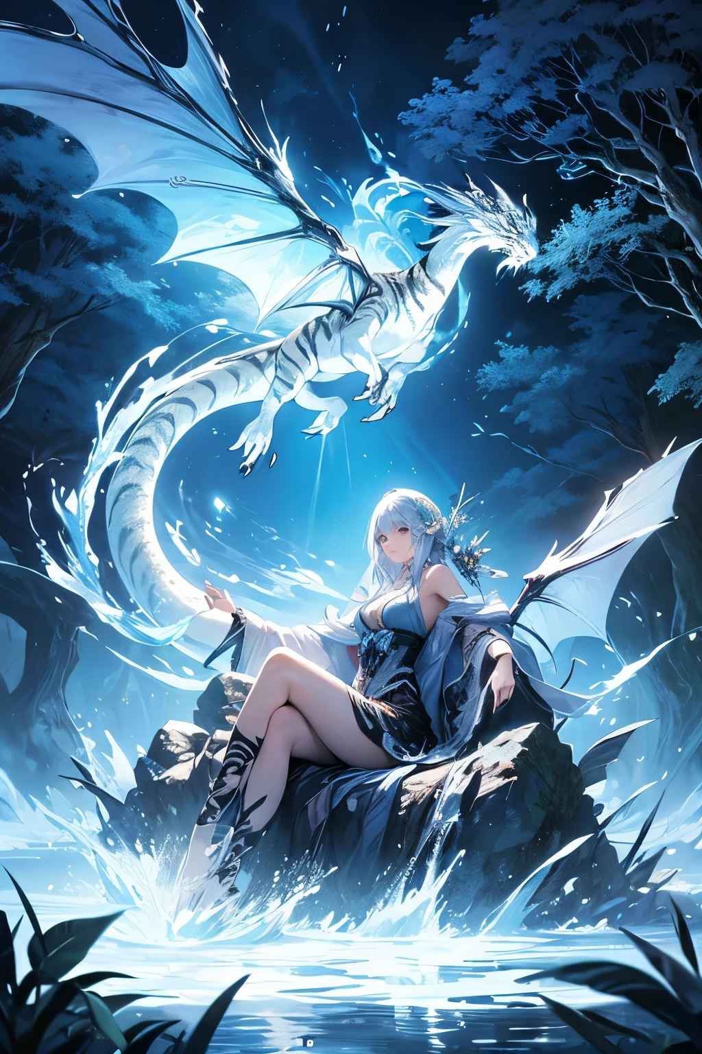 enchanted glade with large flowers, a river of black water, a blue sun, a white tiger, a phoenix, a dragon