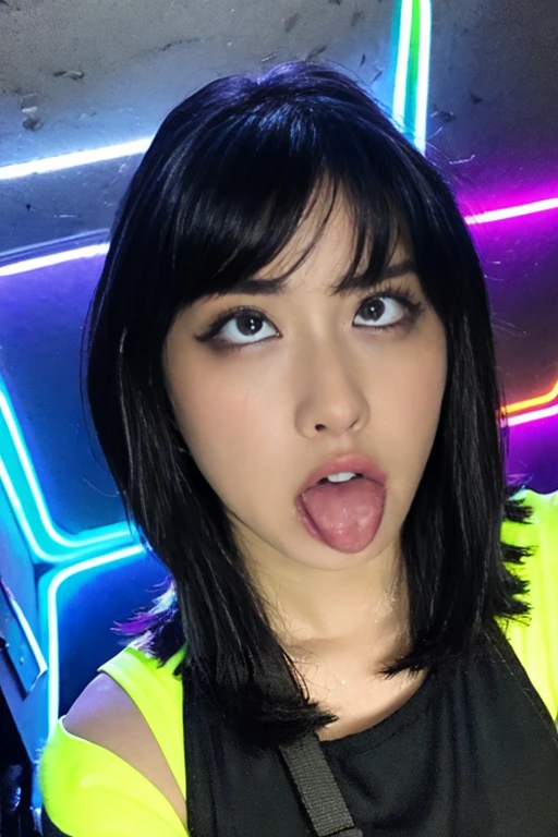 (ultra realistic),Photo, high quality, Analog Photography Ahegao , (low lighting), (neon atmosphere) light background ,portrait of a girl, Ahegao, Black Hair,chölka, view from above, detailed eyes,