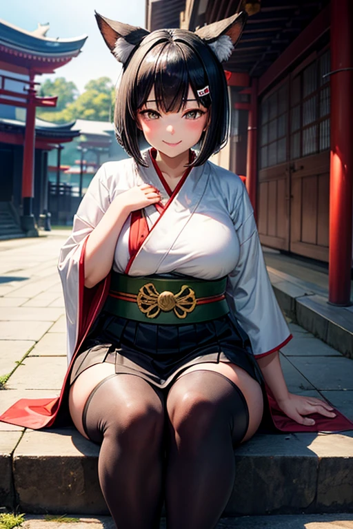 Girl with black bob hair　Fox ears　round face　A little overweight　Wearing a shrine maiden outfit　Closed eyes　looks happy　Smiling while sitting on the stone steps of the shrine　Looking up from the lower right front