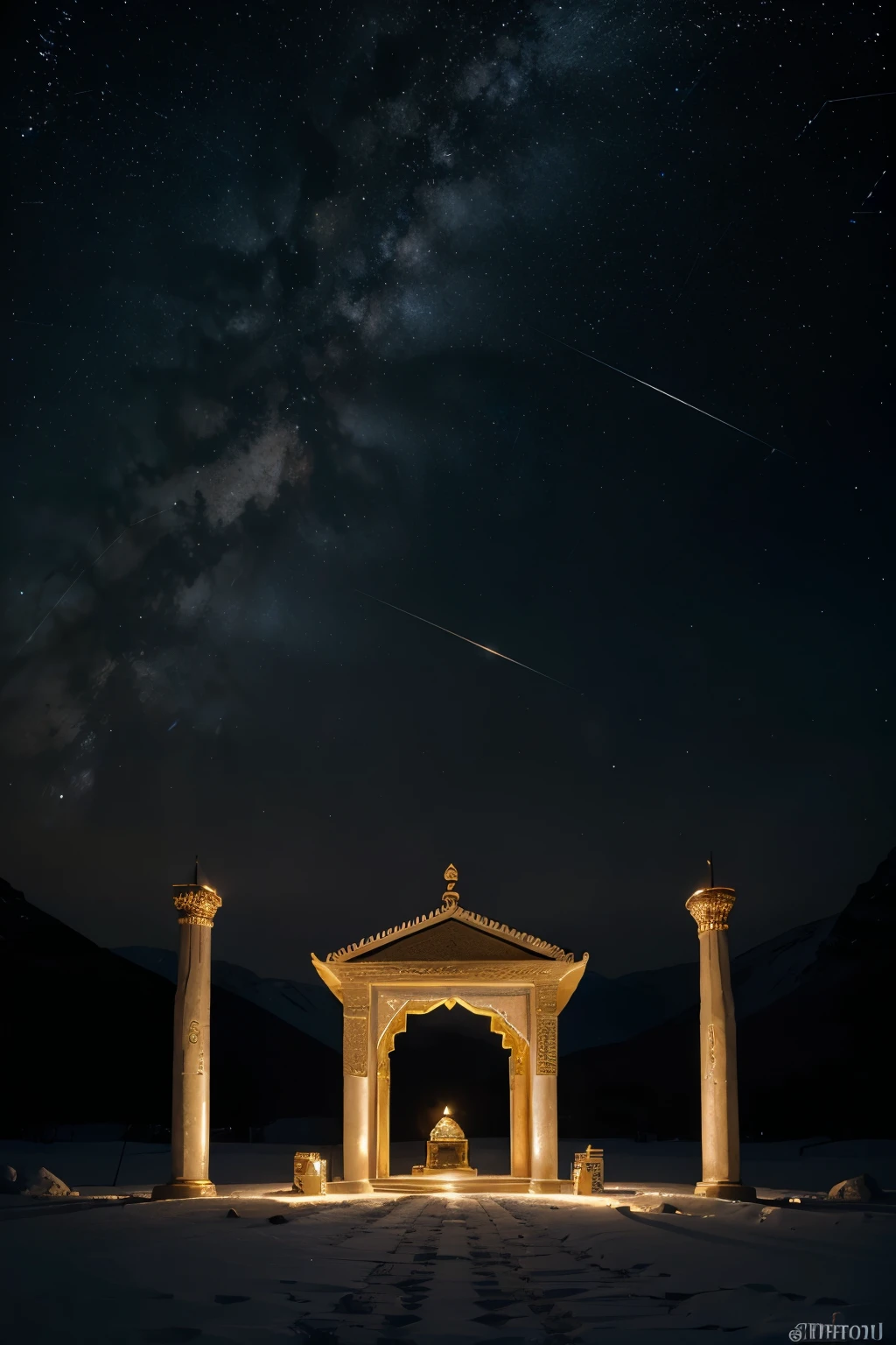 Draw a persian temple lit by a constellation of stars with the North Pole star in the center ,placa de assento estrela:translucent,planetary,fundo escuro,luz,gold and precious stonesく,lindo,obra de arte,misterioso,cores ricas,brilhantemente,star,luz