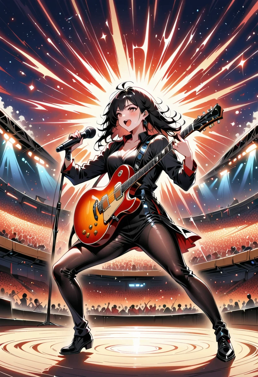 (best quality,4K,8k,high resolution,masterpiece:1.2),Ultra Detailed,(Practical,photoPractical,photo-Practical:1.37),Rock Star,singer,Guitar,,Black,Tight,Gold embellishment,spacewalk,hysterical singing,Stage lighting,rebellious,glitch art,Vibrant colors,Energetic performance,Electrical atmosphere,loud music,Screaming fans,Huge speakers,Fiery Explosion,Dynamic poses,Smoke and fog effects,Expressive face,rotating light,flash,Dark background,edgy style,wild hair,Microphone stand,Guitar声音失真,rock music,celebrity,电Guitar独奏,Huge concert stage,Strutting on stage,condescending,emotional intensity,Powerful drum beats,Electricity,stage fireworks,Powerful sound performance,The stadium is full of people,thousands of fans,Noisy crowd,flash,Electrical atmosphere,sweaty and Energetic performance,legendary figures,Acting,Standing ovation