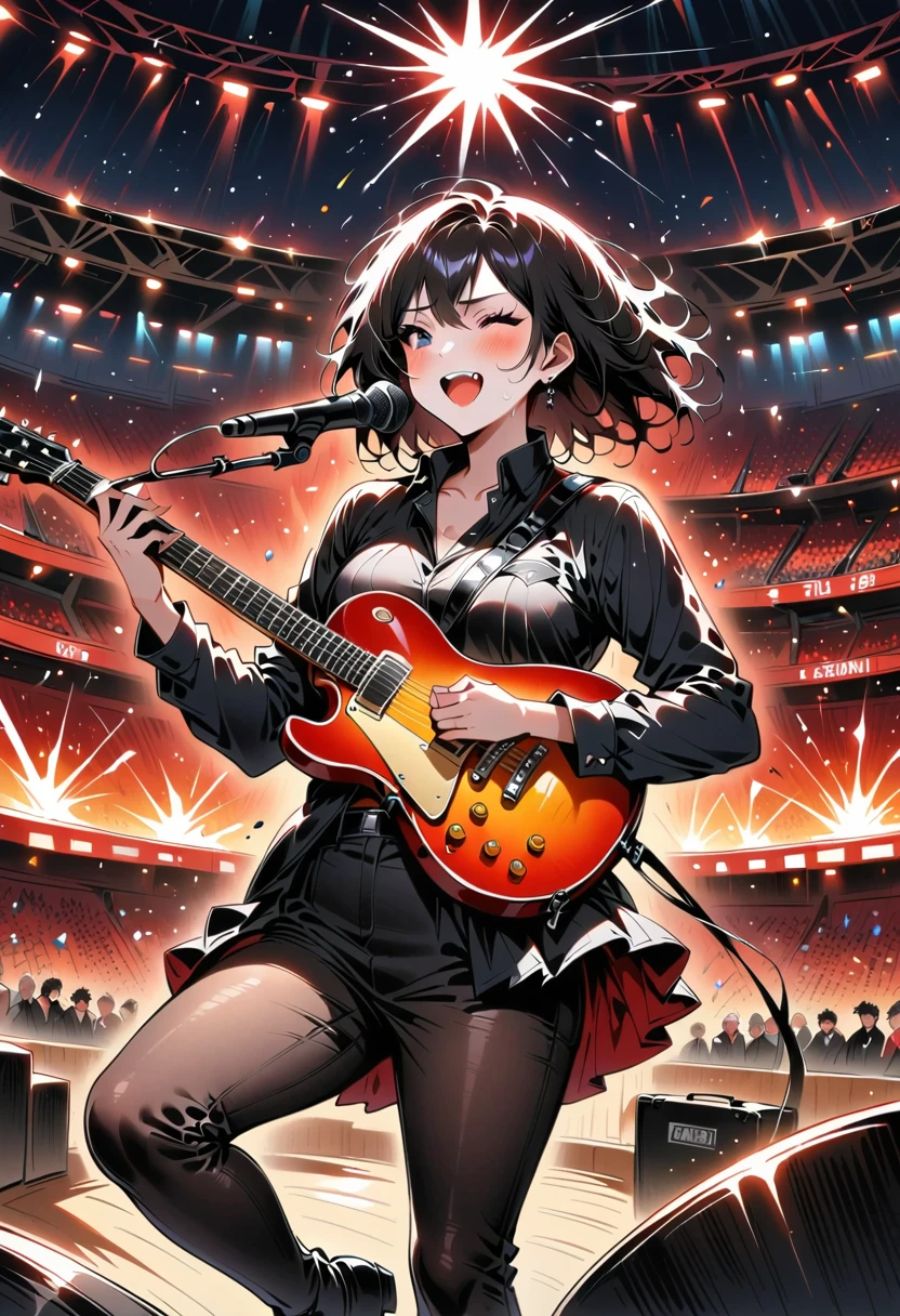 (best quality,4K,8k,high resolution,masterpiece:1.2),Ultra Detailed,(Practical,photoPractical,photo-Practical:1.37),Rock Star,singer,Guitar,,Black,Tight,Gold embellishment,spacewalk,hysterical singing,Stage lighting,rebellious,glitch art,Vibrant colors,Energetic performance,Electrical atmosphere,loud music,Screaming fans,Huge speakers,Fiery Explosion,Dynamic poses,Smoke and fog effects,Expressive face,rotating light,flash,Dark background,edgy style,wild hair,Microphone stand,Guitar声音失真,rock music,celebrity,电Guitar独奏,Huge concert stage,Strutting on stage,condescending,emotional intensity,Powerful drum beats,Electricity,stage fireworks,Powerful sound performance,The stadium is full of people,thousands of fans,Noisy crowd,flash,Electrical atmosphere,sweaty and Energetic performance,legendary figures,Acting,Standing ovation