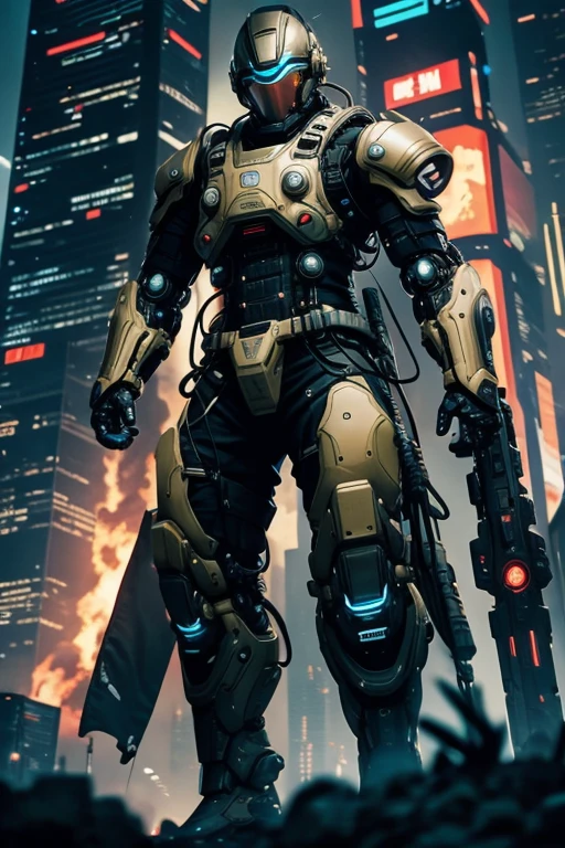 a close up of a robot in a building with a helmet on, cyberpunk flame suit, cyberpunk armor, cyberpunk suit, sci - fi suit, intricate cyberpunk armor, cybernetic fire armor, apex legends armor, cyber suit, cybernetic flame armor, clothed in sci-fi military armor, warrior in sci-fi armour, sci - fi armor