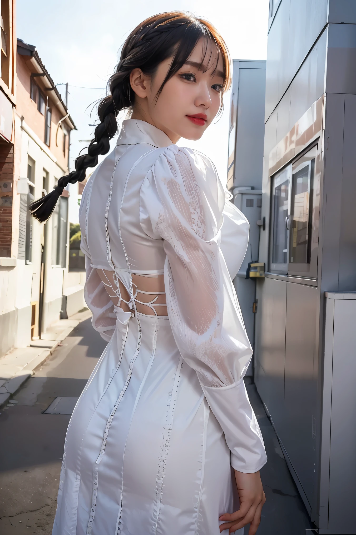 ultra realistic 8k cg, masterpiece, ((ultra detailed background, delicate pattern, intricate detail)), (highly detailed, fine details), best quality, 1girl, (photorealistic:1.4),beautiful lighting,  absurdres, RAW photo, film grain, ((medium breasts, slim girl)), 1girl, MeiMei, solo, long hair, braid, dress, hair over one eye, smile, long sleeves, braided bangs, black dress, braided ponytail, white hair, puffy sleeves, holding, turtleneck dress, makeup, grey hair, red lips, one eye covered, lipstick, parted lips, single braid, (complex detailed background, outside, urban environment, cowboy shot, from behind),