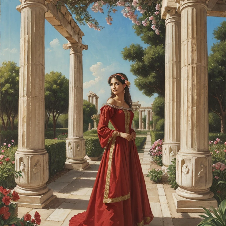 ((Cuadro de estilo barroco de una bella mujer.)) aretes y pulseras, joven hermosos y sensuales, cara lasciva y traviesa, vestido de rojo, and gilded in the style of the Victorian era., ojos claros, boca sexy y bien. Pelo largo hermoso y naranjo e intenso((Looking to the camera)), ((in a garden with flowers and Greek columns)). pintura barroca.