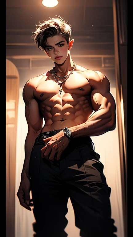 oil painting, A muscular Man stands behind the back of an elegant young elf Justin Bieber Boy, guy, hugs him tightly, covers his crotch with one hand, aesthetically beautiful erotically tempts seduces offers himself