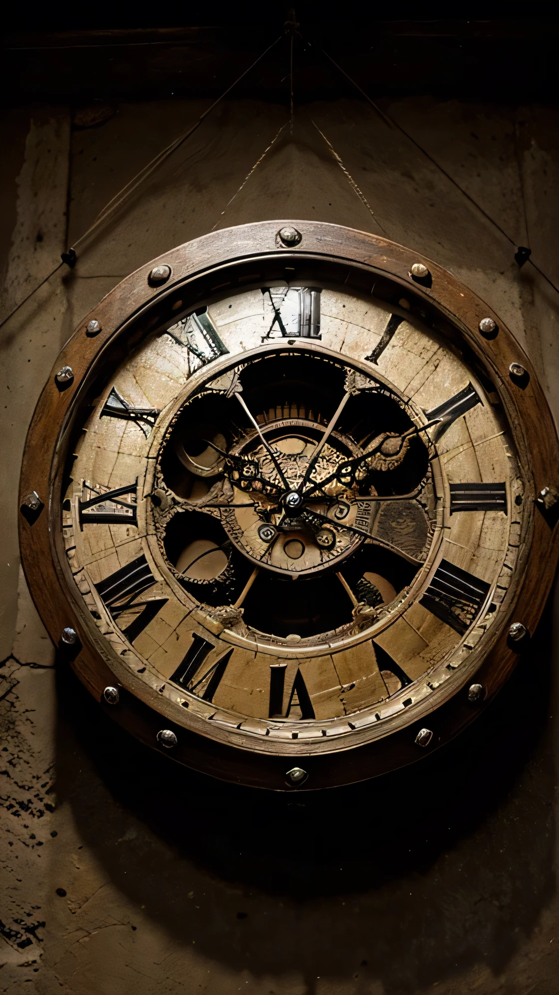 An old clock covered in cobwebs and dust, enfocado en primer plano, con un fondo oscuro y vago.