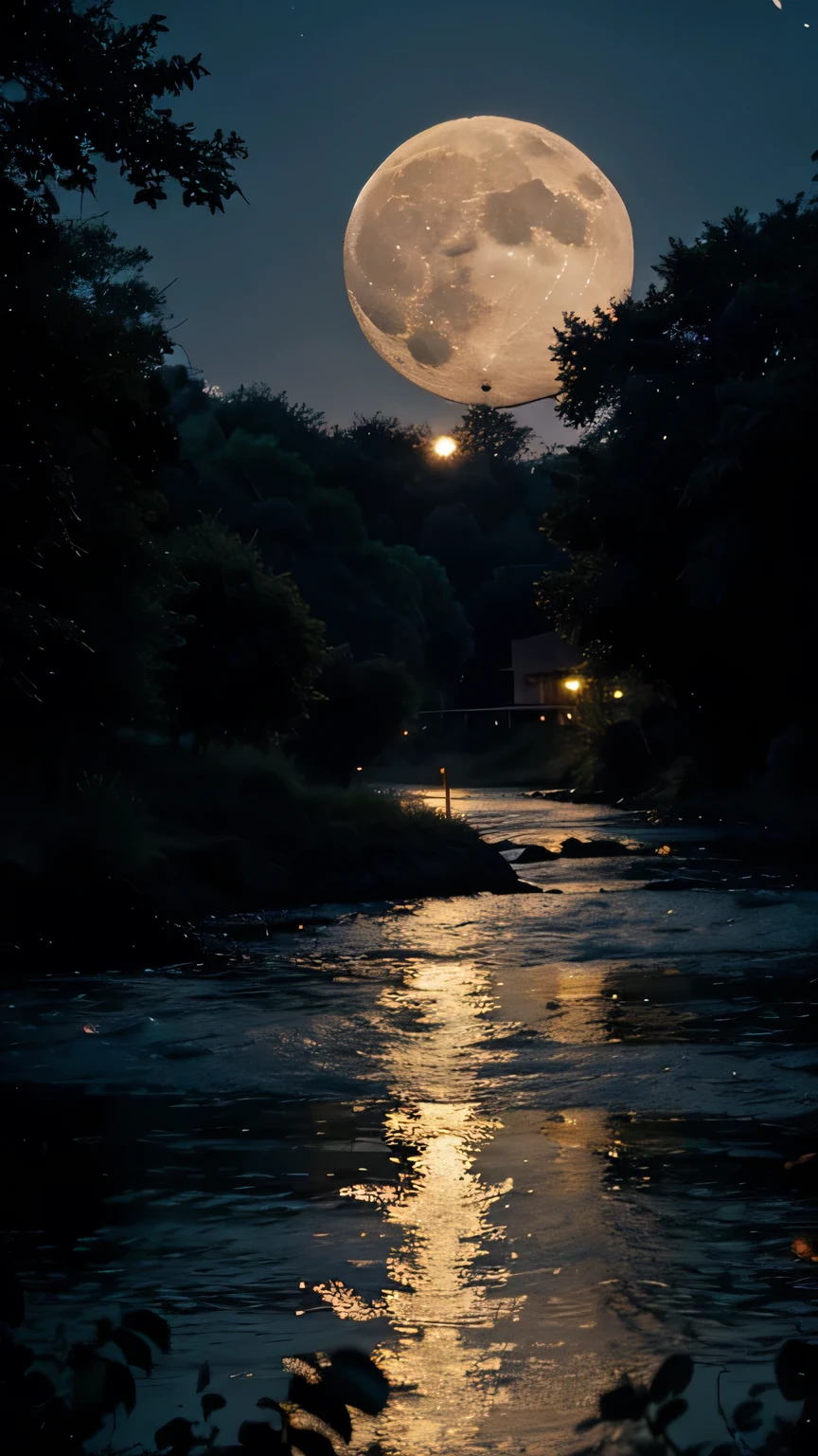Glowing big Moon , night , river , background tree, 