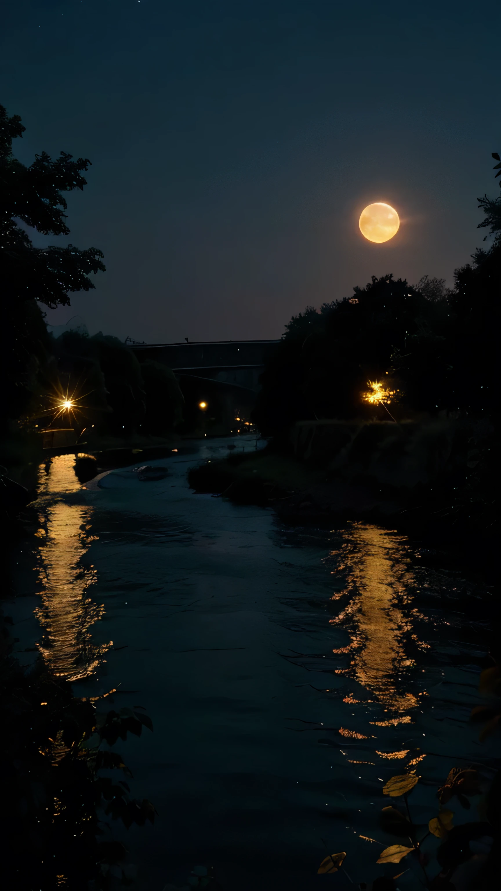 Glowing big Moon , night , river , background tree,