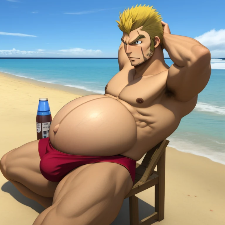 masterpiece, 3d, Laxus Dreyar, muscled, chilling at the beach, no shirt, big pregnant, belly, hands on back of head, only wearing a yellow underwear with thundering symbols.