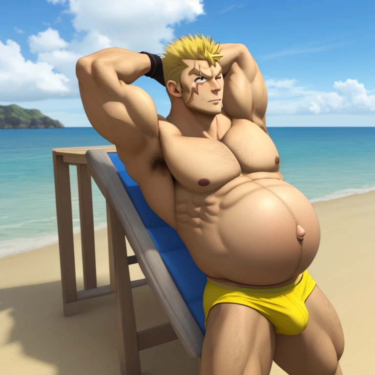 masterpiece, 3d, Laxus Dreyar, muscled, chilling at the beach, no shirt, big pregnant, belly, hands on back of head, only wearing a yellow underwear with thundering symbols.
