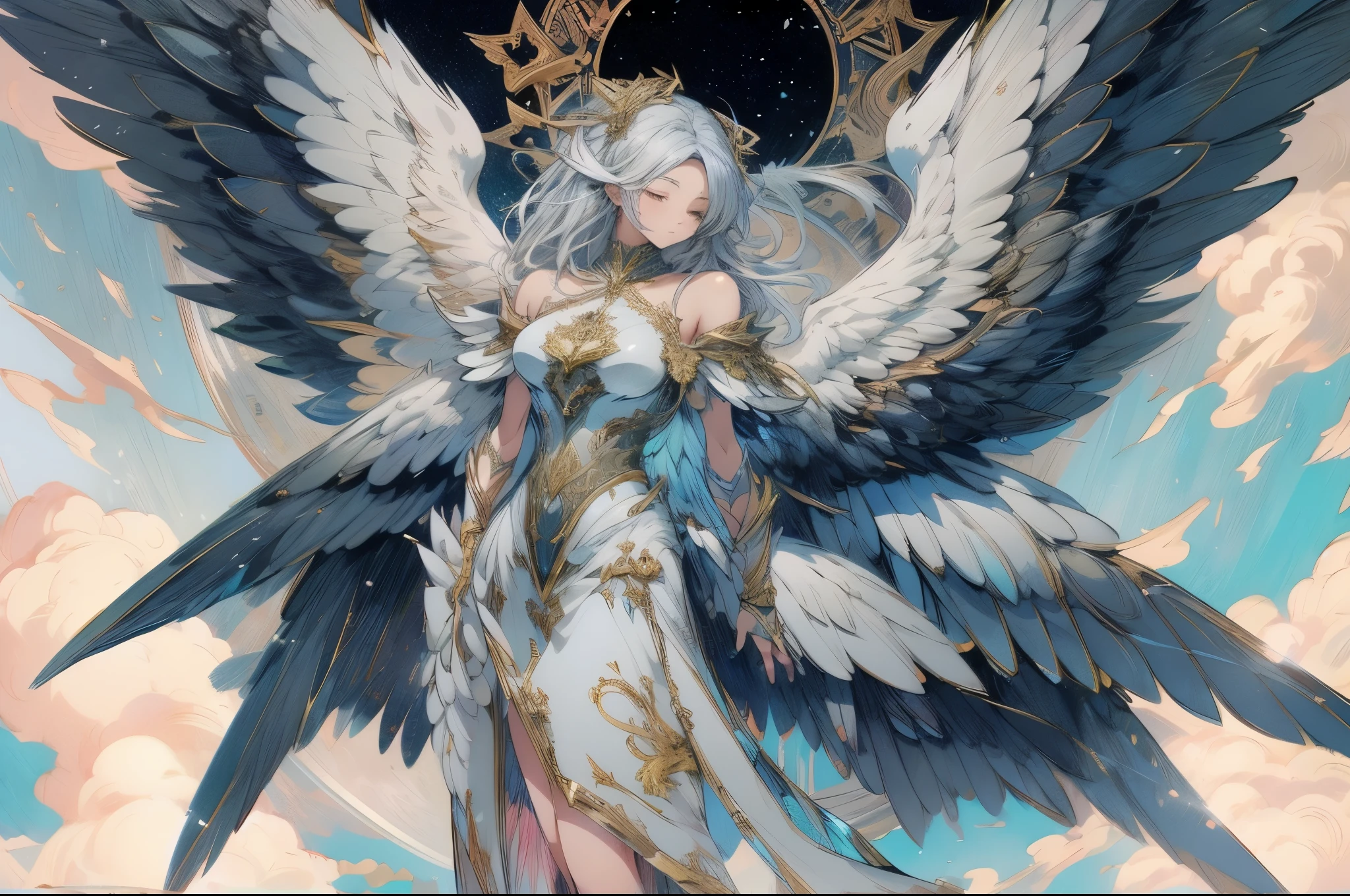 anime - style illustration of a woman with wings and a clock, a detailed painting by Yuumei, pixiv contest winner, fantasy art, full - body majestic angel, of beautiful angel, portrait of a beautiful angel, beautiful angel, digital art on pixiv, of an beautiful angel girl, anime fantasy illustration, tall female angel, angel girl