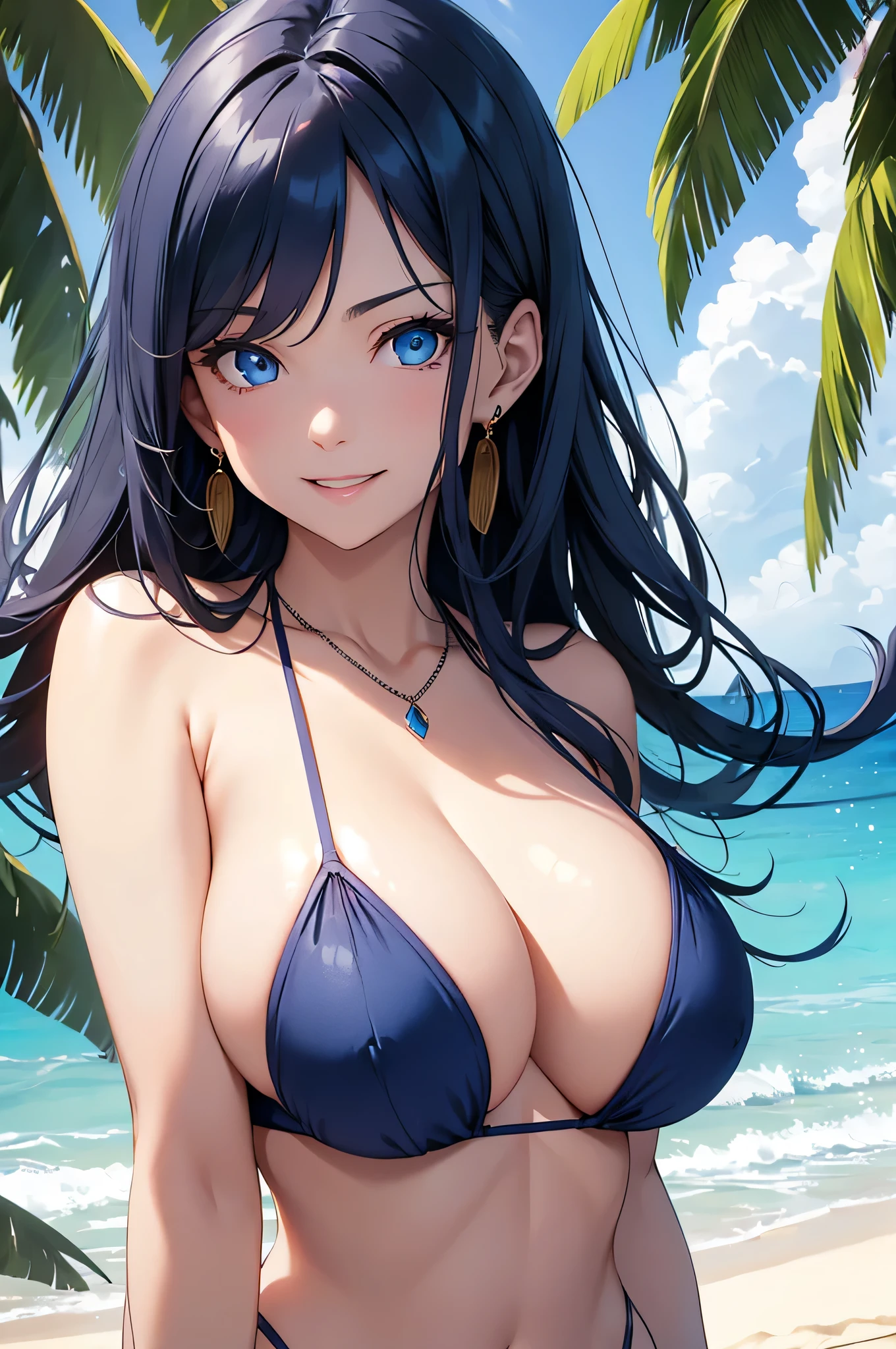 beautiful girl,Long dark blue hair ,blue eyes,Navy Blue Bikini、Big cleavage、(Big Breasts)、smile、blue necklace、Blue Earrings、background(Beach)、Sexy pose、Please open your mouth wide、