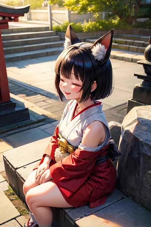 Girl with black bob hair　Fox ears　round face　A little overweight　Wearing a shrine maiden outfit　Closed eyes　looks happy　She is sitting on the stone steps of the shrine, smiling and eating rice balls in both hands.　Looking up from the front left