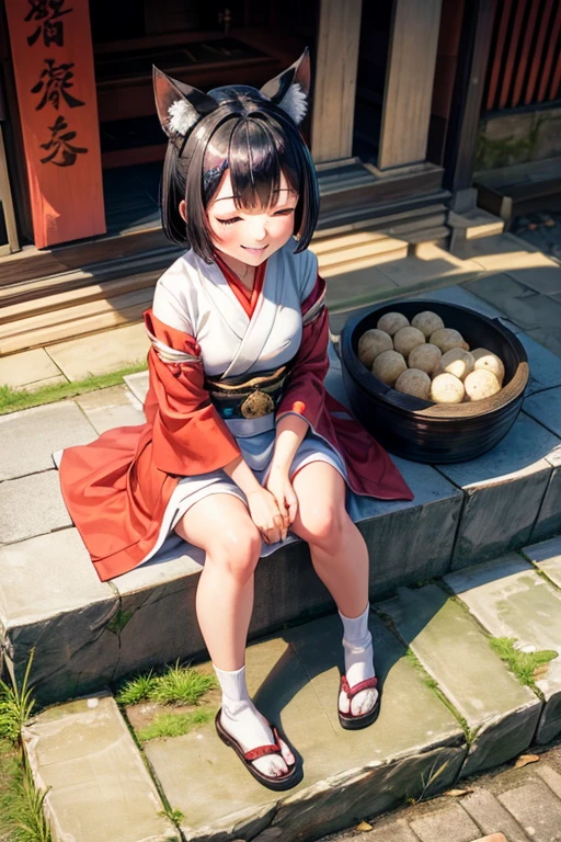 Girl with black bob hair Fox ears round face A little overweight Wearing a shrine maiden outfit Closed eyes looks happy She is sitting on the stone steps of the shrine, smiling and eating rice balls in both hands. Looking up from the front left