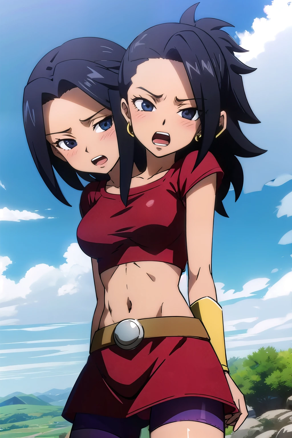 kale, masterpiece high quality, absurdres, 1girl, solo, open mouth, red skirt, black hair, navel, hair down, messy hair, earrings, sky, day, midriff, cloud, blue sky, red_crop_top, bike_shorts, gold_bracer, bike shorts under skirt, cowboy shot, conjoined_dicephalus, (two heads:1.2)