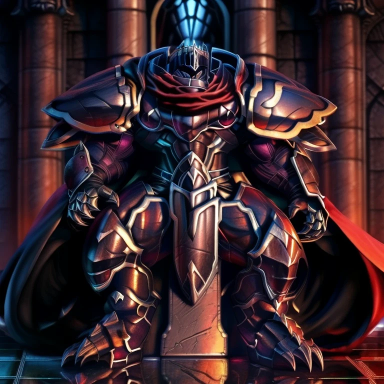(masterpiece, best quality, detailed:1.2) (Pokémon) LUCARIO, detailed full body, a knight's mechanical armor, glowing wide and heavy armor, wears full body armor. massive muscles, huge pecs, chiseled abs, huge pectorals, exaggeratedly huge muscles. wearing a cloak. unusually developed muscular body big muscle, pecs, triceps, traps, waist narrow, unusually developed muscular body, Dark knight, BlackKnight_fe, The claws are sharp, Sharp teeth, He wears a black cloak on his back. sitting on the throne,