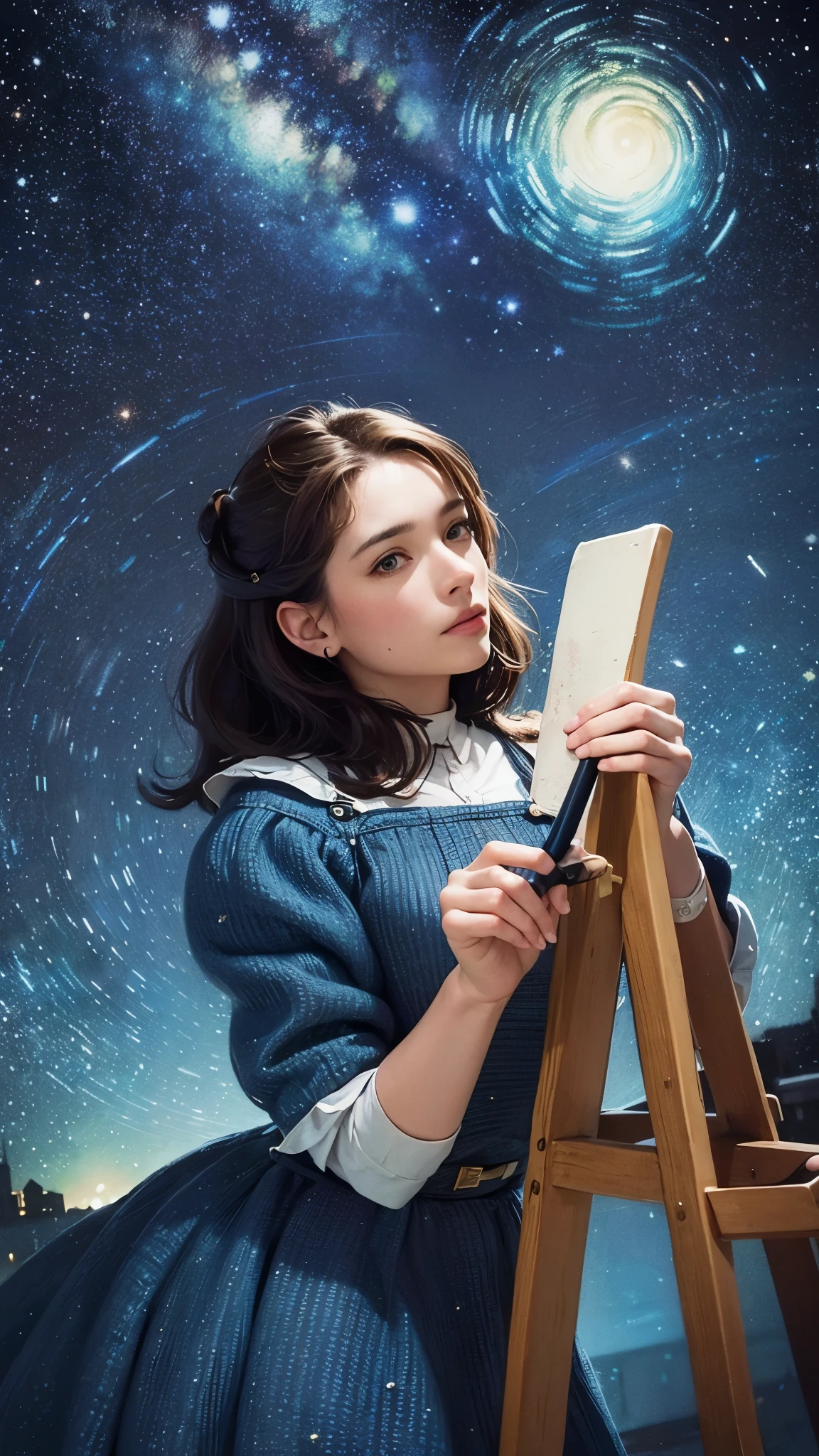 Um de cabelo loiro pintando a obra a noite estrelada de Van Gogh em paris a noite