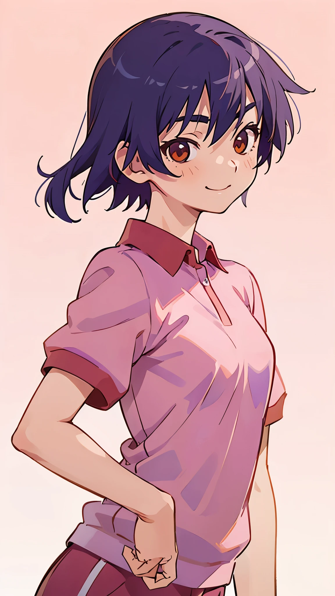 1 girl、anime painting、Indigo Hair、Boyish short cut、Beautiful brown eyes、Vibrant colors、Pink polo shirt、smile、Upper body close-up、Side body、Stadium stand background