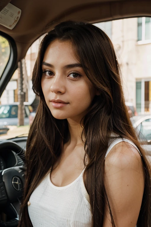 girl with long hair and brown eyes, hot day