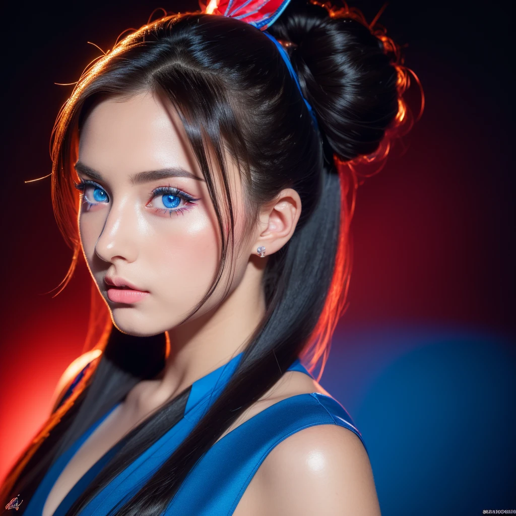 (Best quality,4K,8K,A high resolution,Masterpiece:1.2),Ultra-detailed,(Realistic,Photorealistic,photo-realistic:1.37),beautiful detailed blue eyes,Long black hair in a high bun,Detailed red veil,Portrait,Sharp focus,professional,Vivid colors,Dark background,Studio lighting. Cosplay Bunny Girl.