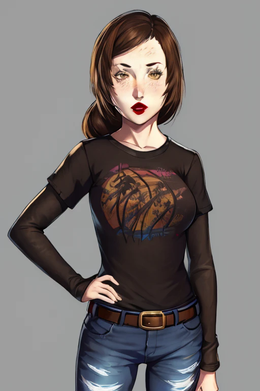 Ellie, brown hair, 1girl, solo, standing, black t-shirt, white shirt, blue jeans, belt, lipstick, large breasts, layered sleeves