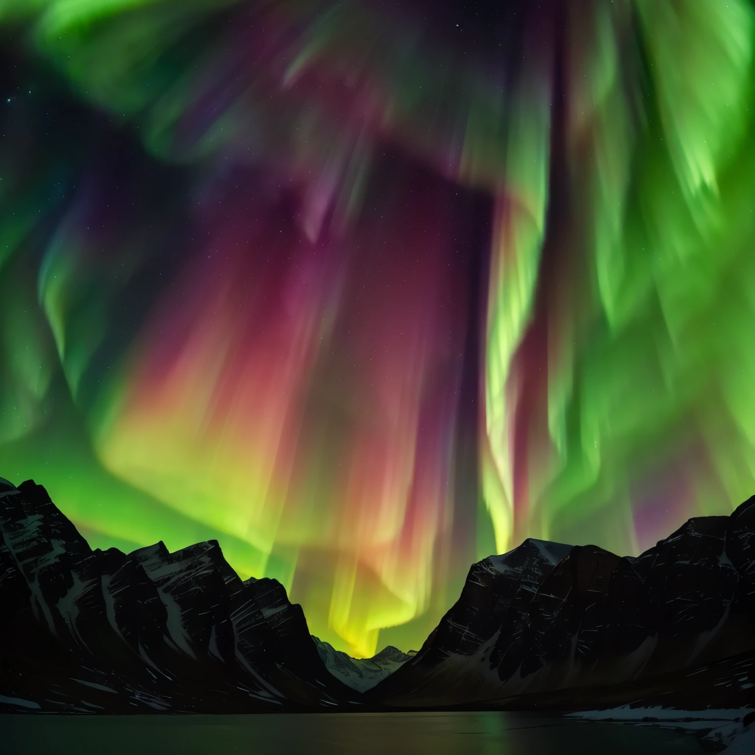 image of a mountain range with a lake and a green and red aurora, rainbow aurora, aurora borealis, dramatic aurora borealis, aurora borealis in the sky, aurora in the sky, northern lights, with aurora borealis in the sky, infused with aurora borealis, northern lights in space, aurora borealis on background, breathtaking colors