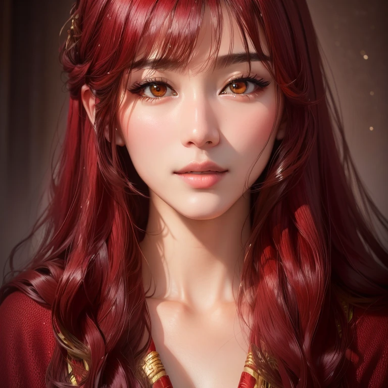 Arabic style image of a woman with long hair and a red sweater, Realistic. Chen Yi, Soft Portrait Shot 8k, Realistic young anime girl, Realistic portrait photo, beautiful Realistic face, Stunning Anime Face Portraits, photoRealistic anime, High-quality portraits, kawaii Realistic portrait, photoRealistic beautiful face, Girl cute beautiful face, Realistic beautiful face