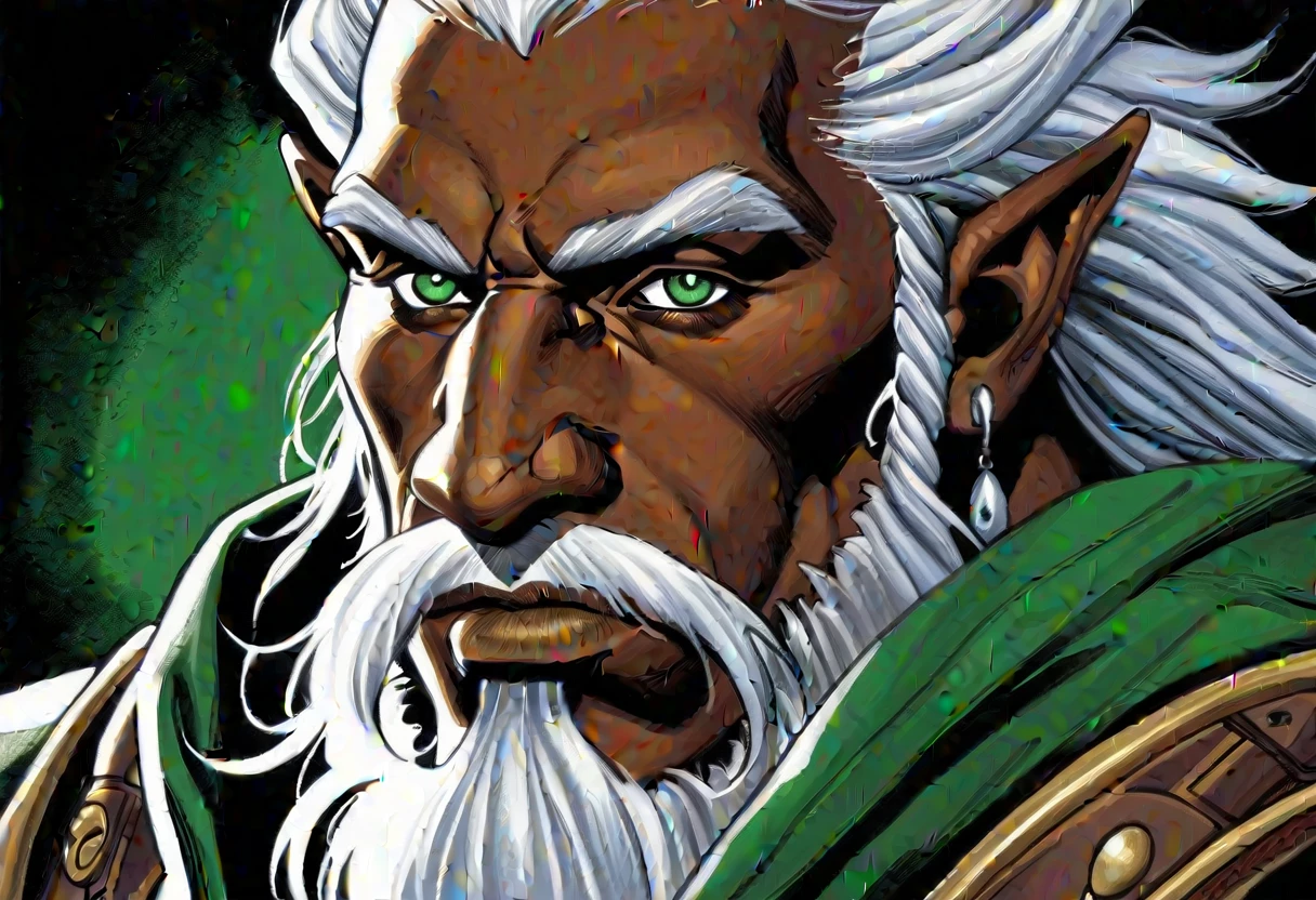 ((Gnome male)), ((dungeons & dragons)), ((adult age)), ((37 inches tall)), ((lean build)), ((large nose)), ((Deep rich ebony skin)), ((Piercing emerald green eyes)), ((Stark white hair)), ((intricate braided goatee that reaches the full six inches)), ((detailed face)), ((portrait)), ((by Larry Elmore)), ((trickster archetype))