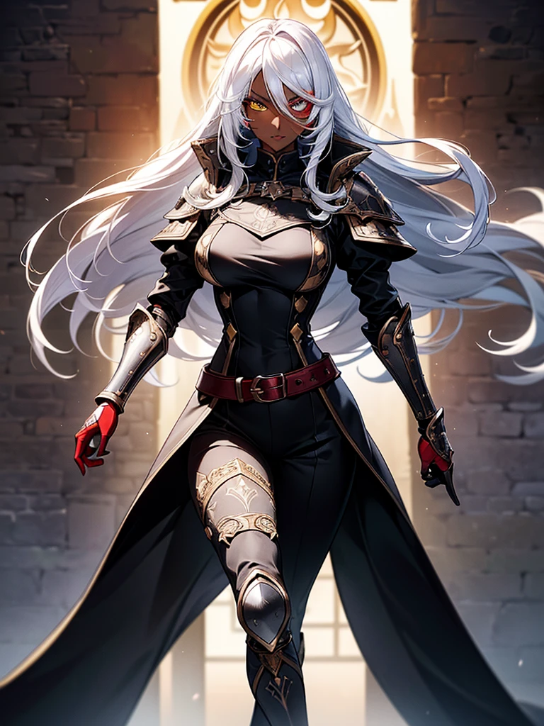 (masterpiece, best quality), (Official art, masterpiece, 8k, ultra-detailed), ultra-detailed, photo of a beautiful 32 year old woman, ((dark skin)), white hair, wearing round glasses on her face, eyes red and yellow, wearing a tight black jumpsuit, with light armor, large, ultra-detailed breasts, (ultra-detailed face), (1 dark-skinned woman), long white hair, ((((Heterochromia in eyes, ultra-detailed red and yellow eyes)))), (very detailed eyes: 1,2), (((ultra-detailed red and yellow eyes))), heterochromia of red and yellow eyes very well presented, (wearing round glasses on the face very detailed: 1,2), well designed glasses, ((gauntlets and high heel boots)), witch items, belts, (ideal body proportion), ((black jumpsuit with light armor)), ultra detailed character, wallpaper, pinterest, Fantasy Art, (Fantasy art), fantasy scene, (medieval magic village), wallpaper, pinterest, front photo, exterior, cinematic photo, natural light, beach photo, wallpaper, pinterest, badass image, perfect photo, volumetric lighting