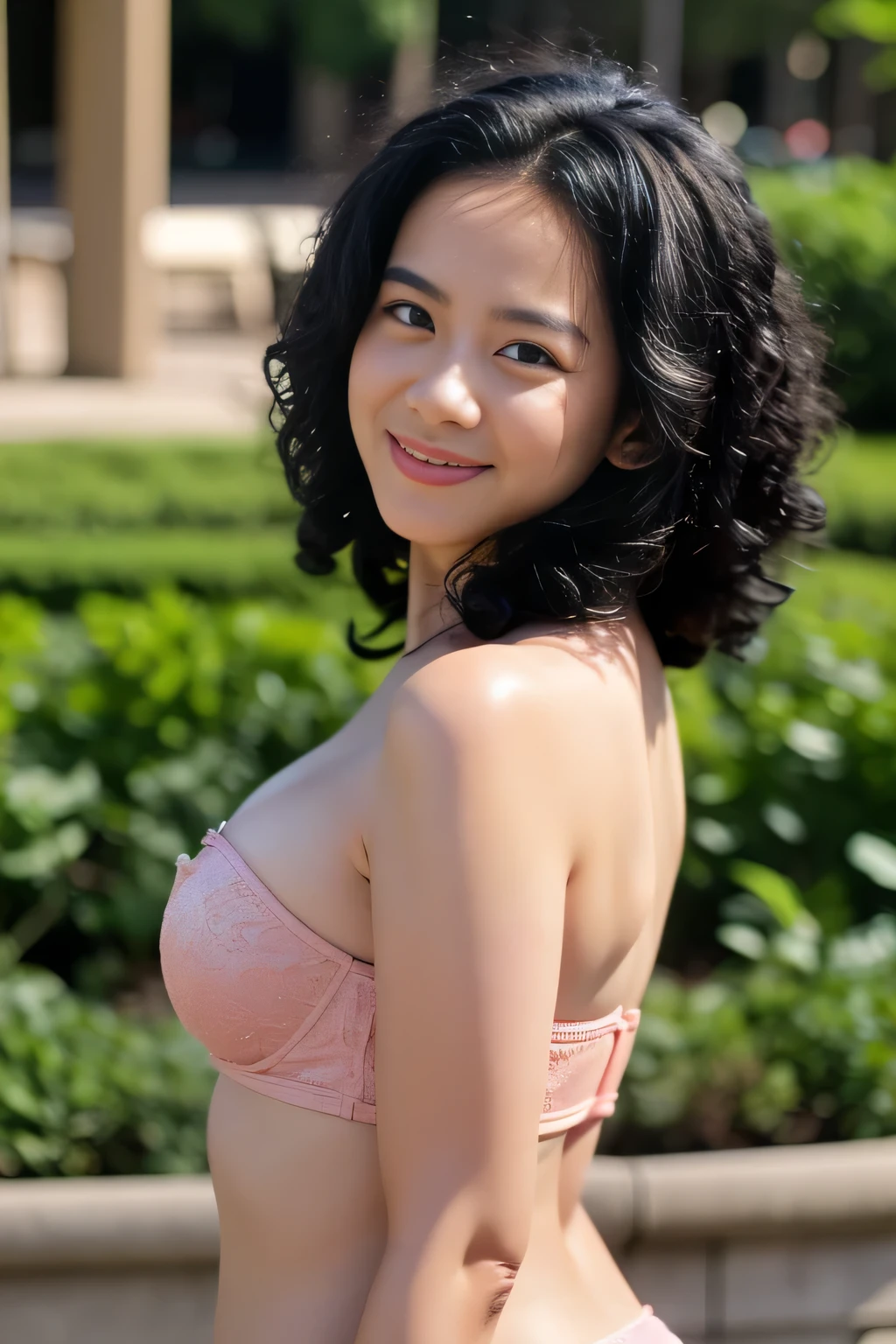 Malay girl wearing y pink color satin strapless bra and panrtrait photography, mid shot photo, ultra detail, professional photograph with professional lighting, smile, at the garden, outdoor background, curly hair, sexy seduc pose, curvy body, butt focused e