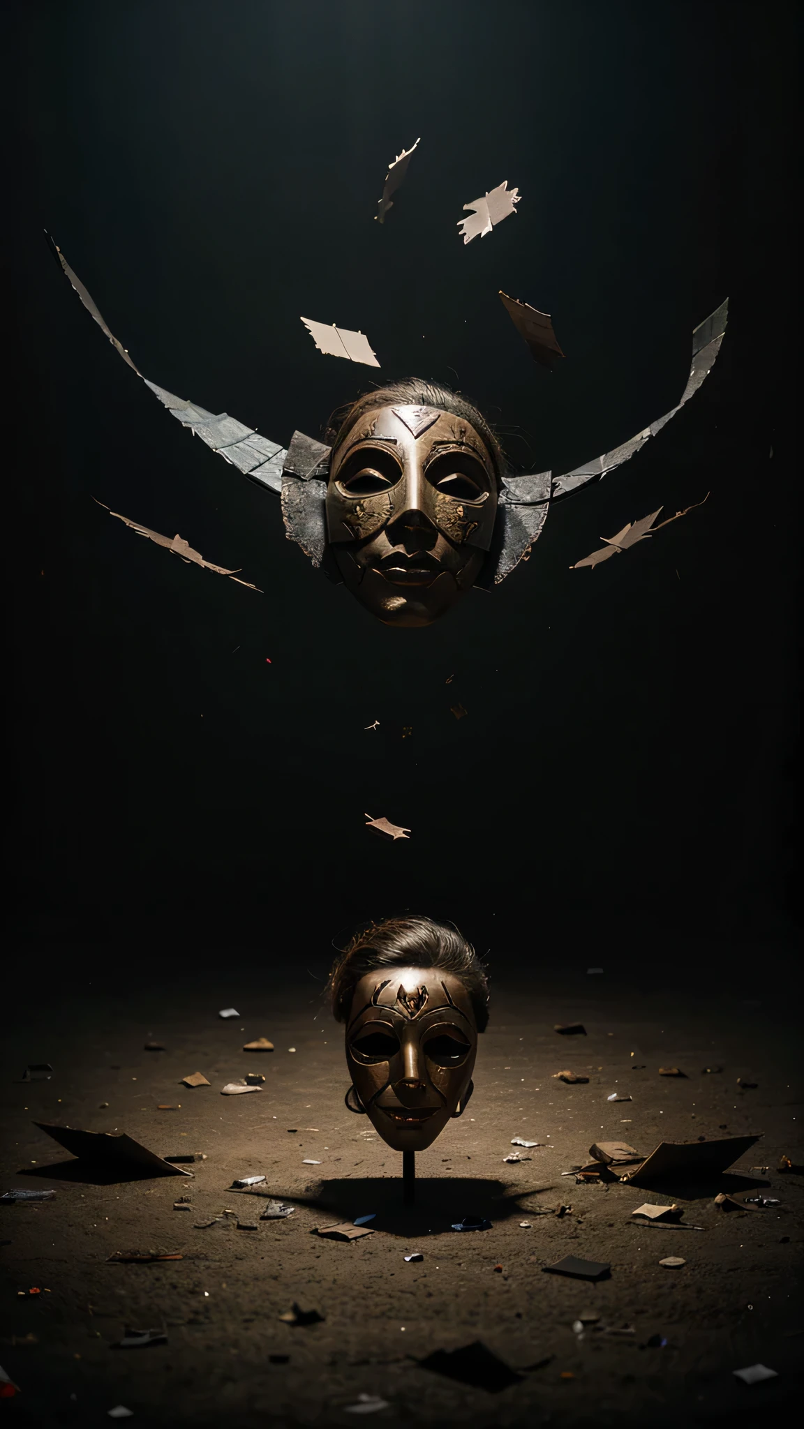 Several theatrical masks falling to the ground and breaking, with fragments scattering on a dark background.