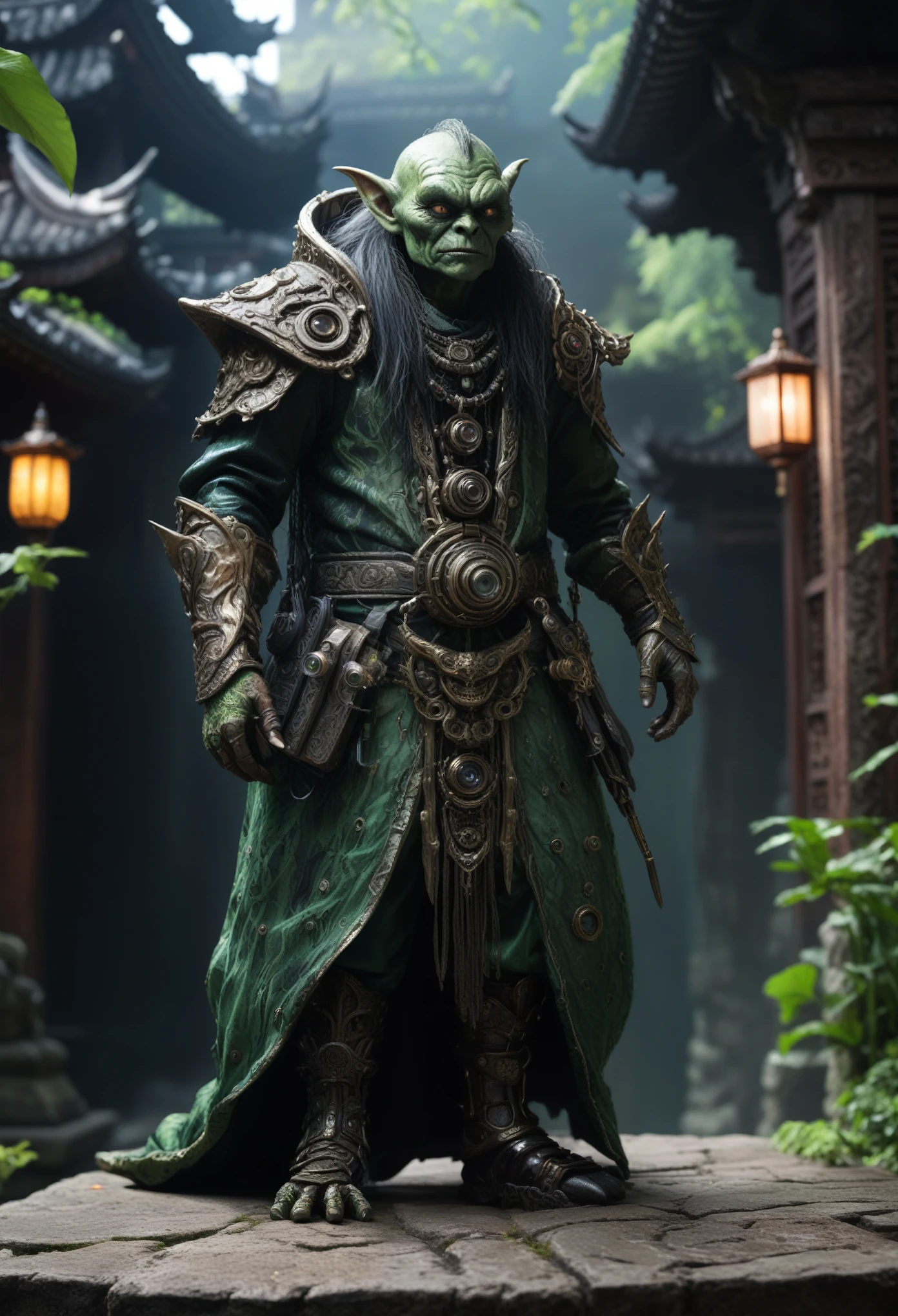 evil ghost,Euchlorine Grandmaster goblin,anti-hero,jealous,another world,dead city,future,ring of truth,urban,extremely detailed,intricate detailed,hyper realism,dramatic light,close full body shot, full body length shot,masterpiece,intricate details,faded,eyes extremely detailed, high detailed eyes,8k resolution,RAW, Nikon Z9,back view,full body length,Zhangjiajie National Forest Park of China,Bali of Indonesia