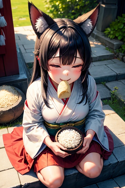 Girl with black bob hair　Fox ears　round face　A little overweight　Wearing a shrine maiden outfit　Closed eyes　looks happy　She is sitting on the stone steps of the shrine, smiling and munching on rice balls in both hands.　Looking up from the lower right front