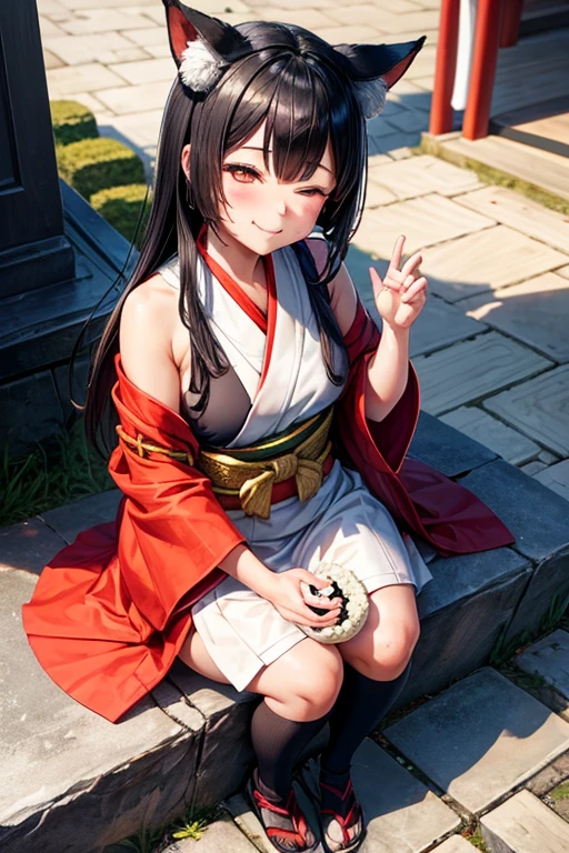 Girl with black bob hair Fox ears round face A little overweight Wearing a shrine maiden outfit Closed eyes looks happy She is sitting on the stone steps of the shrine, smiling and munching on rice balls in both hands. Looking up from the lower right front