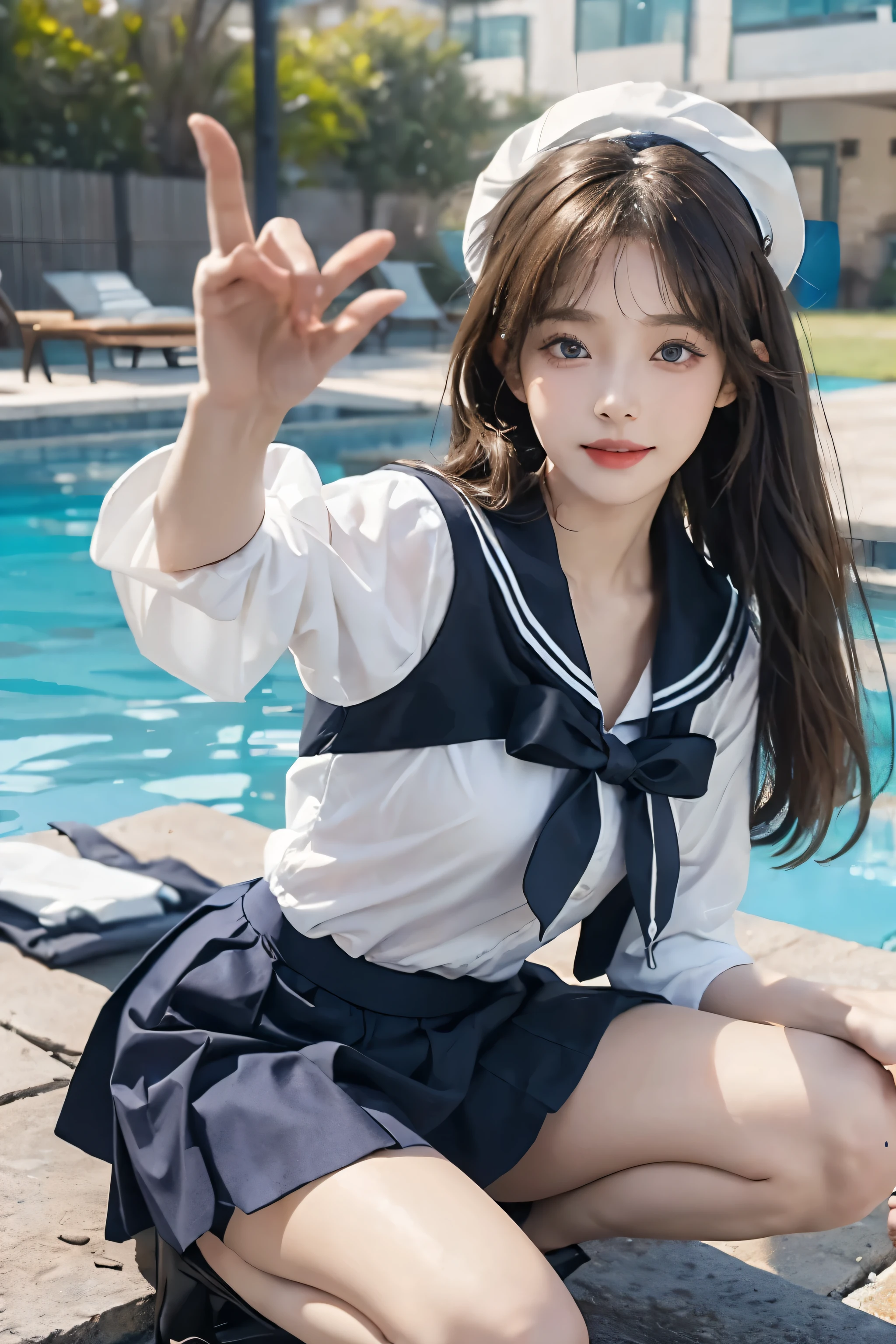 ((highest quality、8k、masterpiece:1.3))、(whole body:1.3),Sharp focus:1.2、(Realistic、Realistic:1.37)、Beautiful legs、Point your feet towards the audience、Get your feet in front of the audience、Woman with beautiful face、28 years old、Pointed Chest、Long eyelashes、Colored contact lenses、delicate,Very fine eyebrows、(Sharp eyebrows)、(Thin eyebrows).Highly detailed face、(Brunette messy hair:1.3、Sailor suit、(Pool:1.2)、blue sky、、Detailed Background(8k、masterpiece、highest quality、RAW Photos),(Dynamic Pose:1.3),(A radiant smile:1.3)、(Knee-length skirt:1.2)