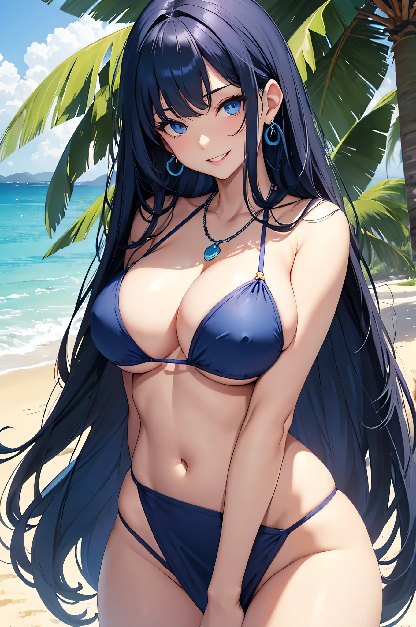 beautiful girl,Long dark blue hair ,blue eyes,Navy Blue Bikini、Big cleavage、(Big Breasts)、smile、blue necklace、Blue Earrings、background(Beach)、Sexy pose、Please open your mouth wide、