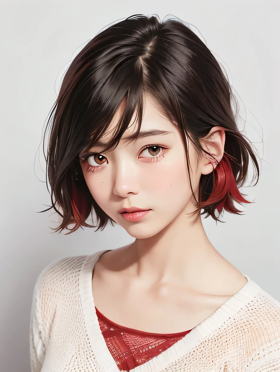 ((vivid, Realistic: 1.5), No background: 1.0, Beautiful 17 year old Japanese girl, Light Gray Background: 1.1, Breast augmentation: 1.5, cute: 1.0,Follow me (Tears): 1.2,
short hair: 1.5,Black Hair: 1.2, Small face: 1.1, Hair with red mesh: 1.1,, Messy Hair: 1.1,School uniform:1.0