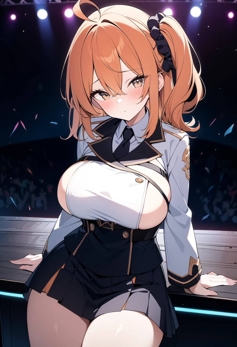 (masterpiece, best quality:1.2),illustration,8k,hd,1girl,solo,, hair ornament, hair between eyes, brown eyes, ahoge, orange hair, side ponytail, one side up, hair scrunchie, Live Stage, Big Breasts, uniform alone