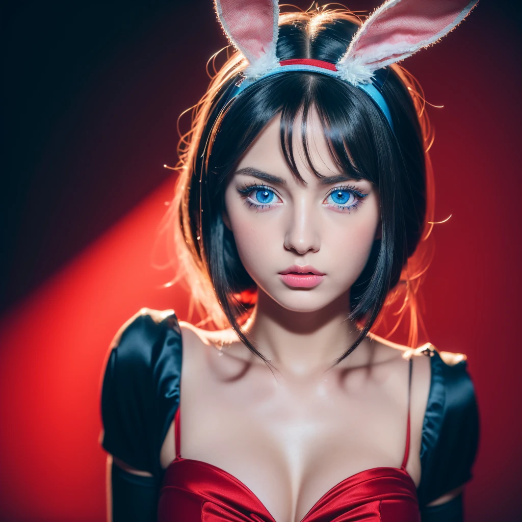 (Best quality, 4K, 8K, high resolution, masterpiece: 1.2), ultra-detailed, (realistic, photorealistic, photorealistic: 1.37), beautiful detailed blue eyes, long black hair in a high bun, detailed red veil, Portrait, Sharp, professional focus, Vivid colors, Dark background, Studio lighting. bunny cosplay, bunny ears headband.