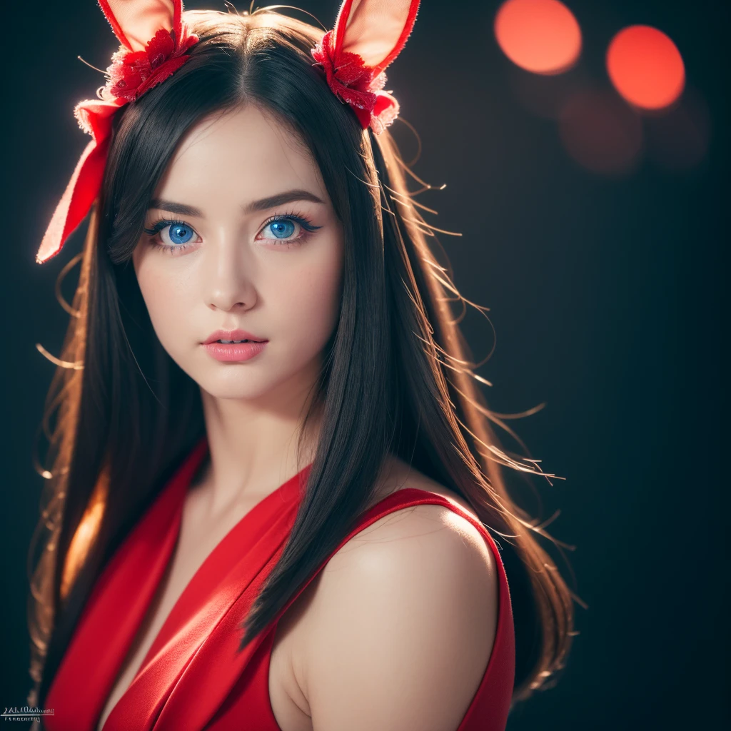 (Best quality, 4K, 8K, high resolution, masterpiece: 1.2), ultra-detailed, (realistic, photorealistic, photorealistic: 1.37), beautiful detailed blue eyes, long black hair in a high bun, detailed red veil, Portrait, Sharp, professional focus, Vivid colors, Dark background, Studio lighting. bunny cosplay, bunny ears headband.