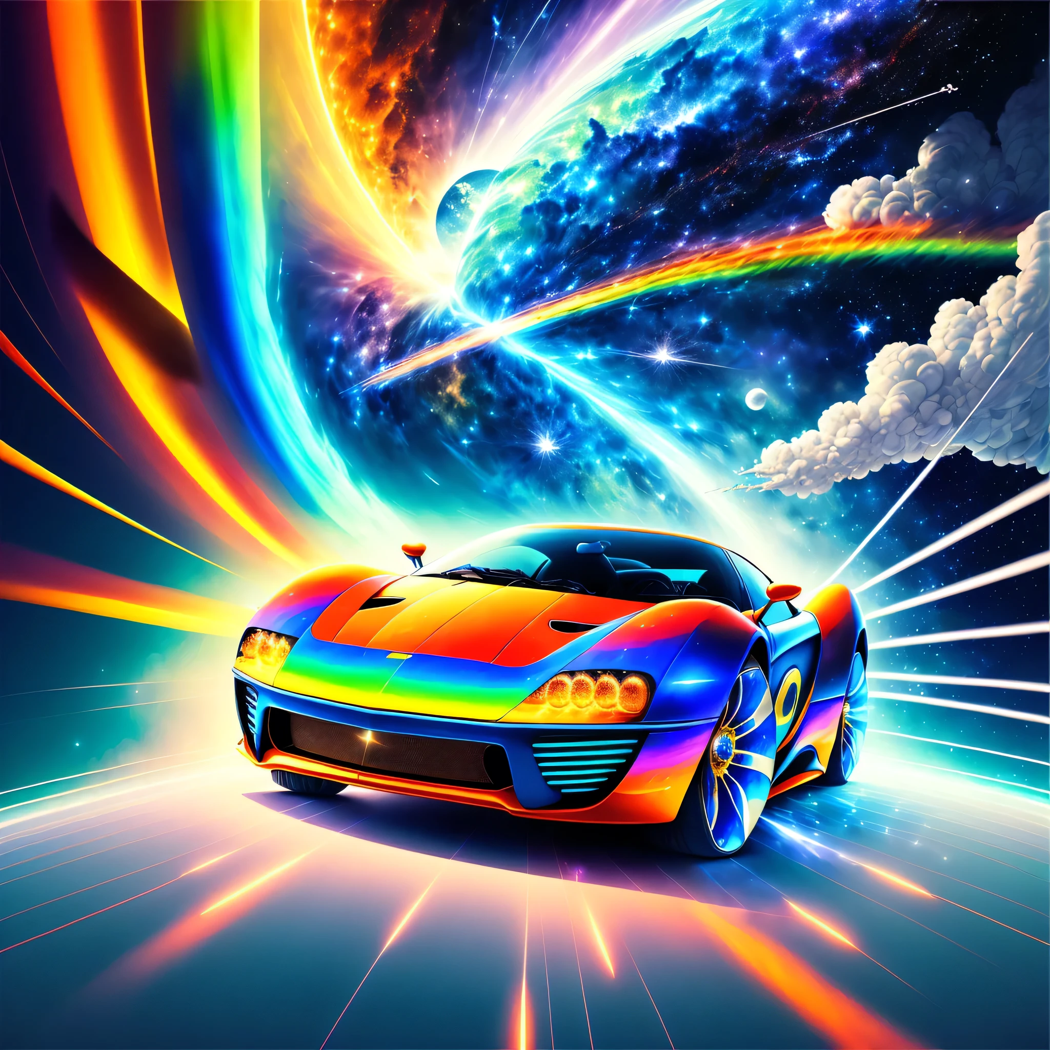sports car in hyper space flying across a blue rainbow bridge. chronicles of superwisdom movie quality, primordial solar, complete all complex image generations, creation of time, creativity of victory, intellectual quality, chosen everything, completing the image generation is mandatory, no portrait, energy blast, futureroyalshatter spenustril kinetistruct major atamigic, make 4k quality, massive noise reduction, negative noise allowed in image, trioform meliskay, cravtav ofotae, tiamats return
