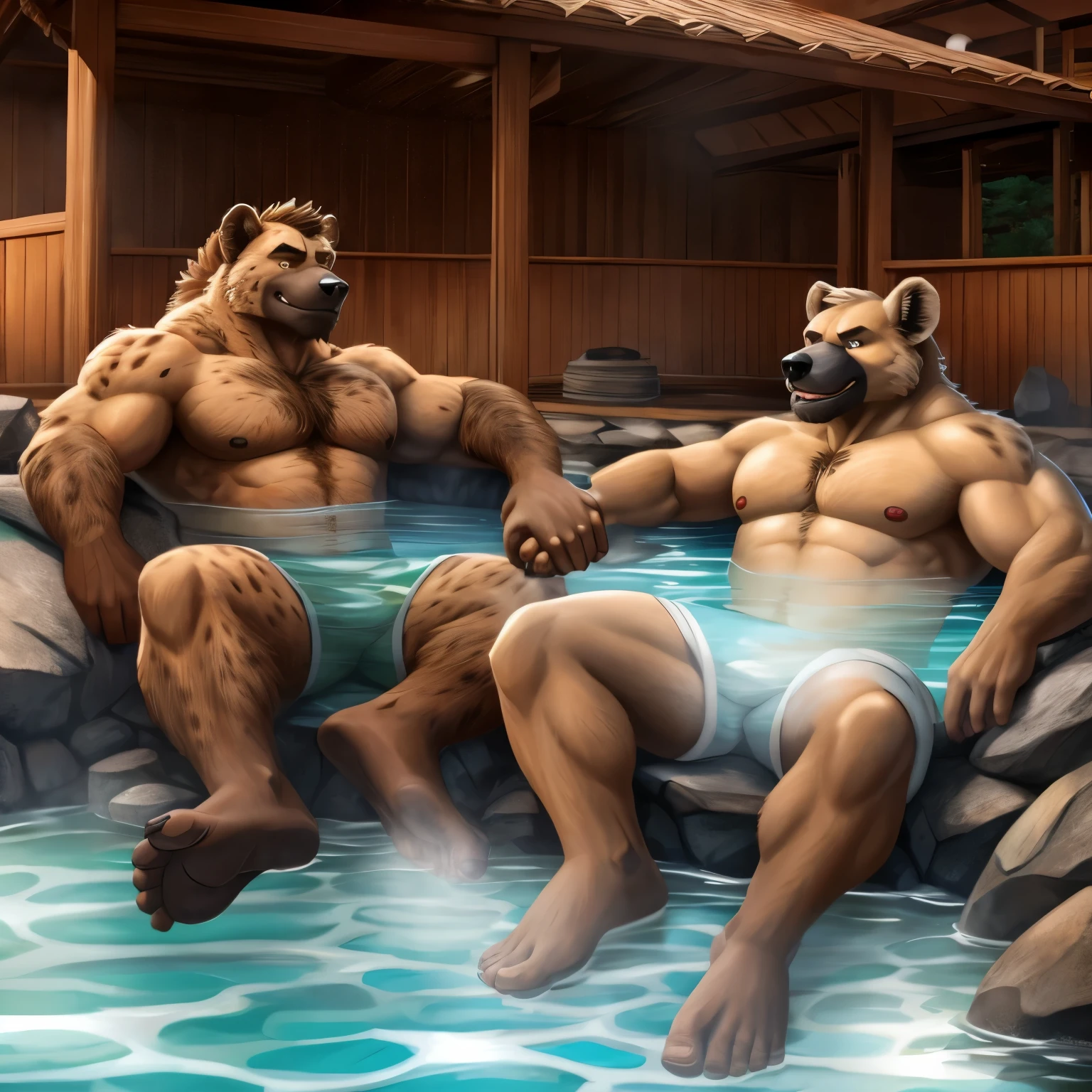 Holding hands, hairy father hand and son hand, hyena furry, blend in, match skin