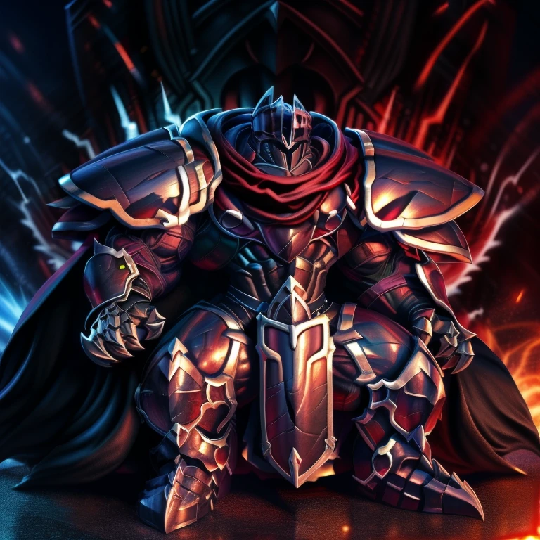 (masterpiece, best quality, detailed:1.2) (Pokémon) LUCARIO, detailed full body, a knight's mechanical armor, glowing wide and heavy armor, wears full body armor. massive muscles, huge pecs, chiseled abs, huge pectorals, exaggeratedly huge muscles. wearing a cloak. unusually developed muscular body big muscle, pecs, triceps, traps, waist narrow, unusually developed muscular body, Dark knight, BlackKnight_fe, The claws are sharp, Sharp teeth, He wears a black cloak on his back. sitting on the throne,